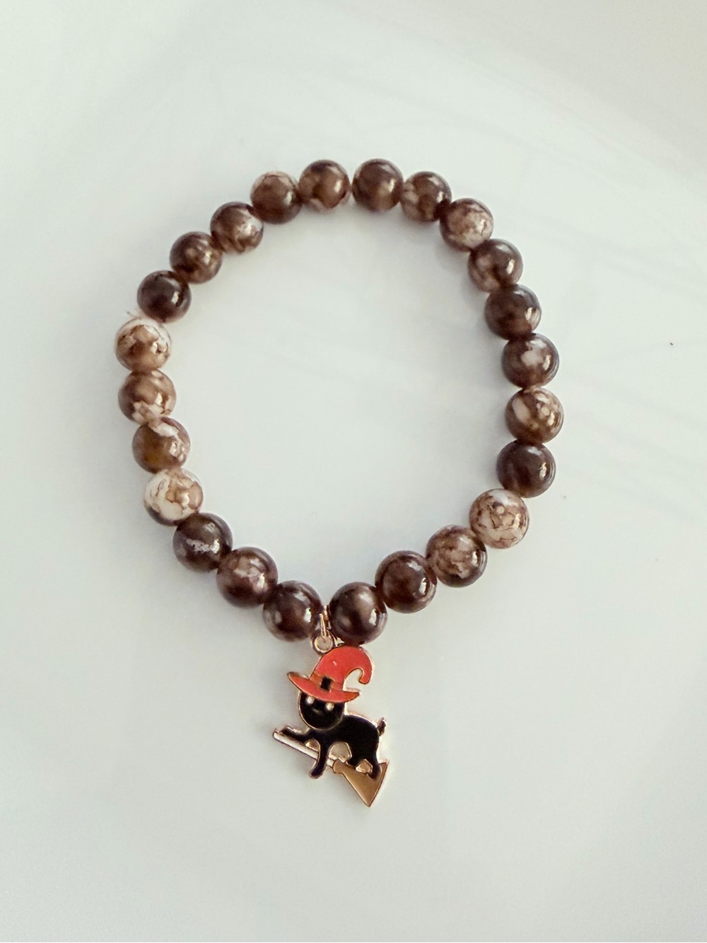Brown Beaded Charm Bracelet with Witch Cat